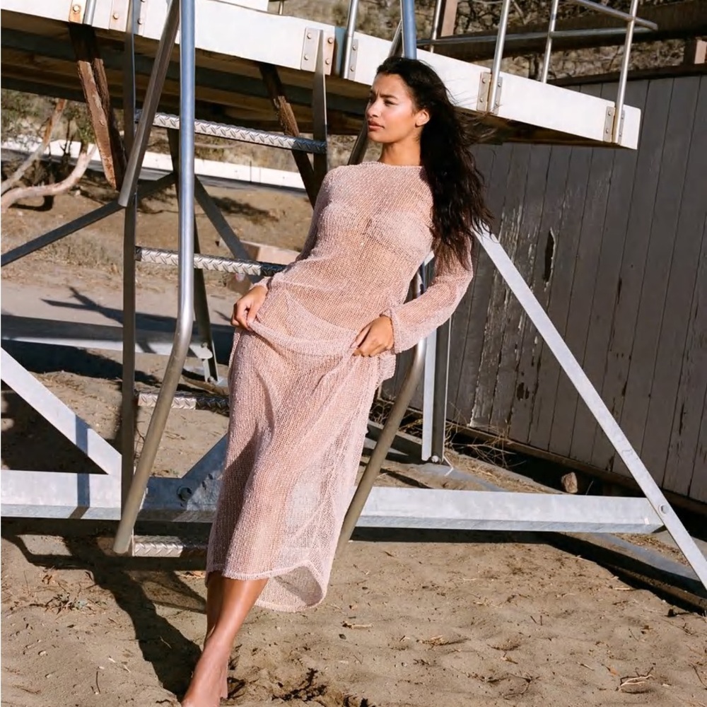 NastyGal Pom Pom Crochet Open Back Maxi Cover Up Dress